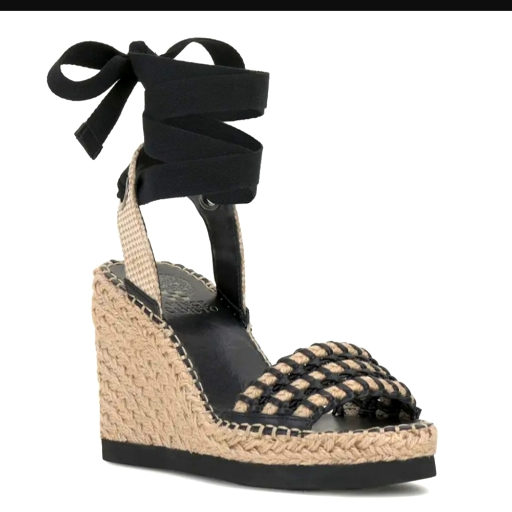 NWT Vince Camuto Brisshel Leather & Rafia Espadrille Wedges in Black Sz. 8